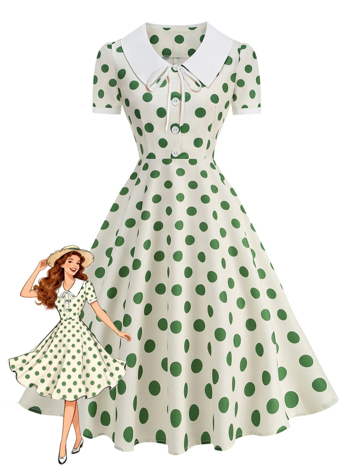 1950s Colorblock Polka Dot Peter Pan Collar Swing Dress