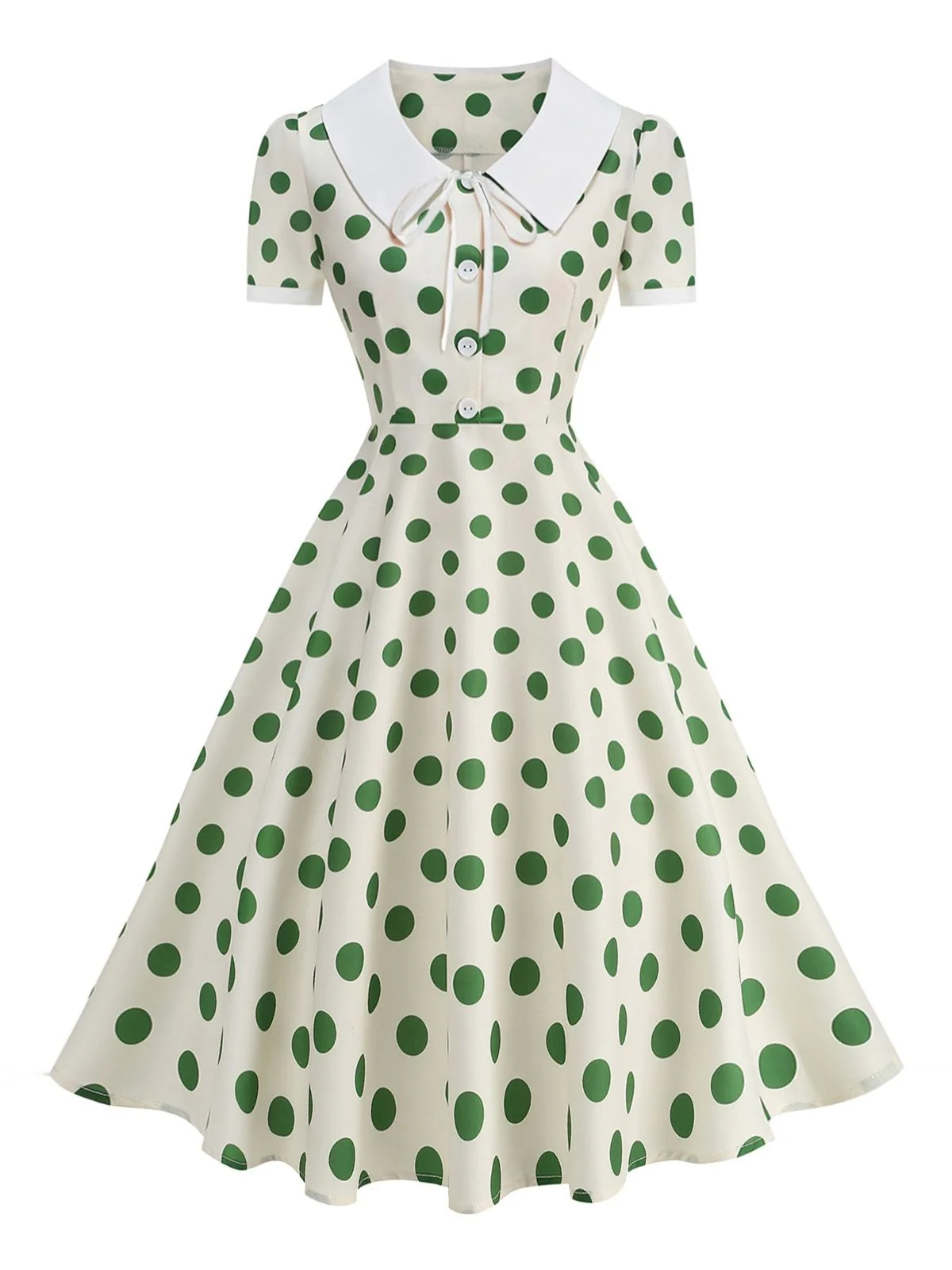 1950s Colorblock Polka Dot Peter Pan Collar Swing Dress - Image 2