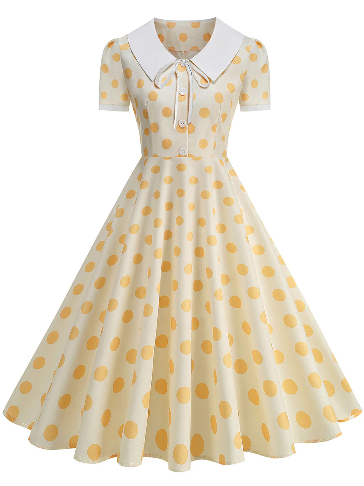 1950s Colorblock Polka Dot Peter Pan Collar Swing Dress - Image 6
