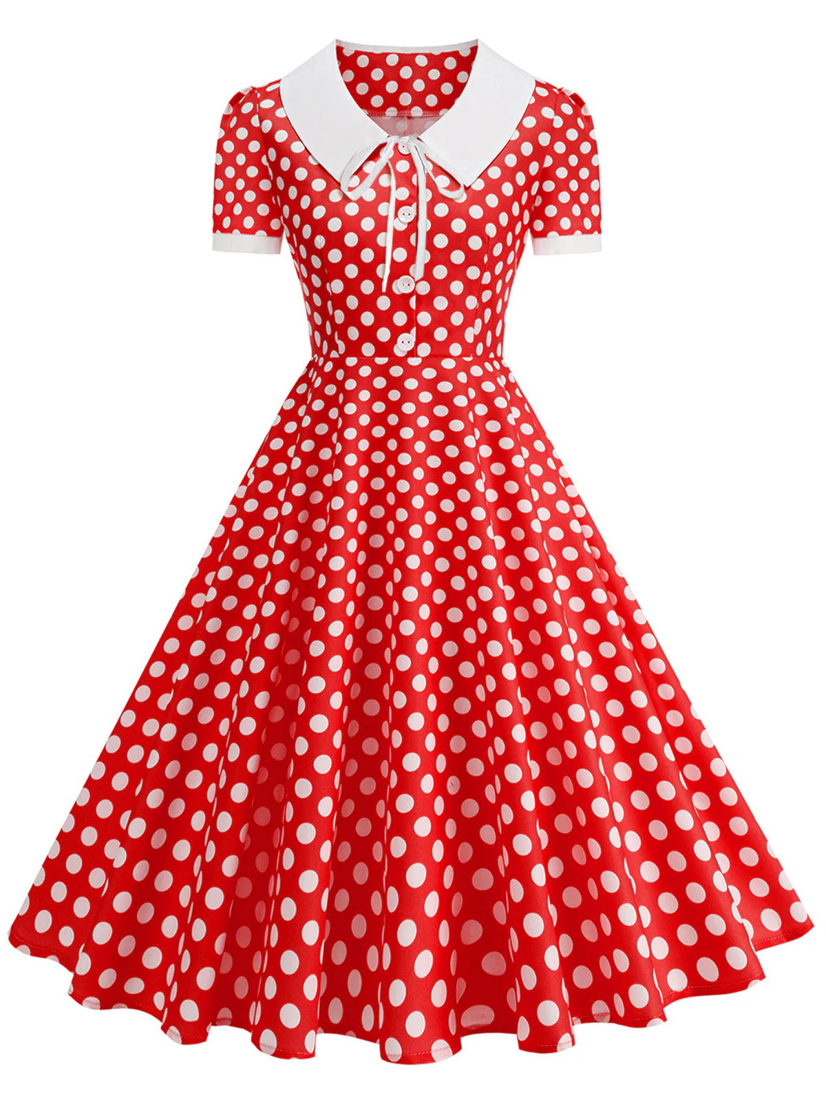 1950s Colorblock Polka Dot Peter Pan Collar Swing Dress - Image 8