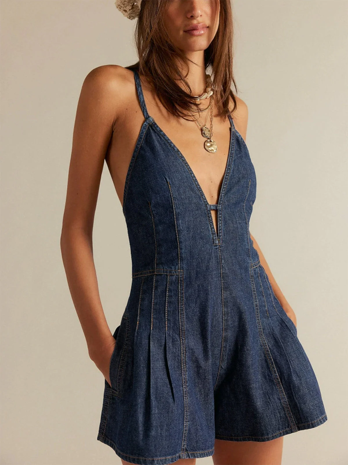 1950s Cotton Denim Tie Back Strap Romper - Image 2