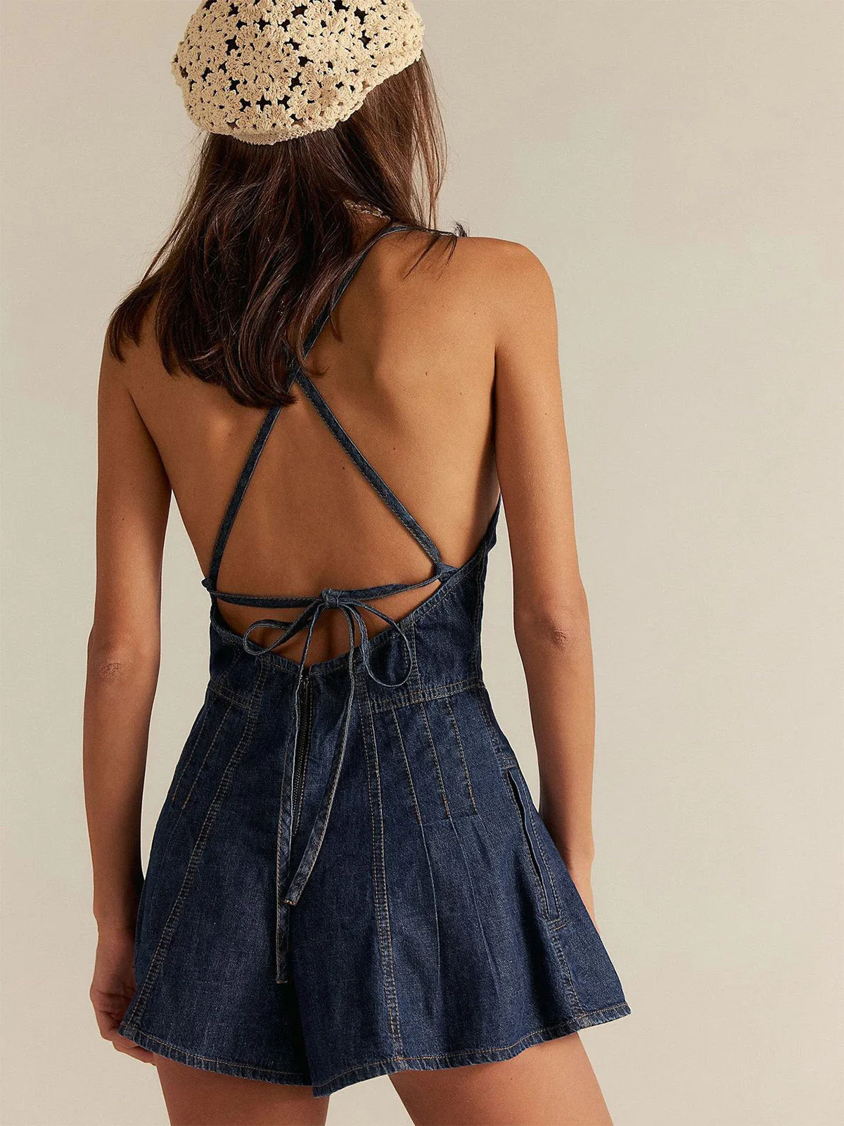 1950s Cotton Denim Tie Back Strap Romper - Image 3