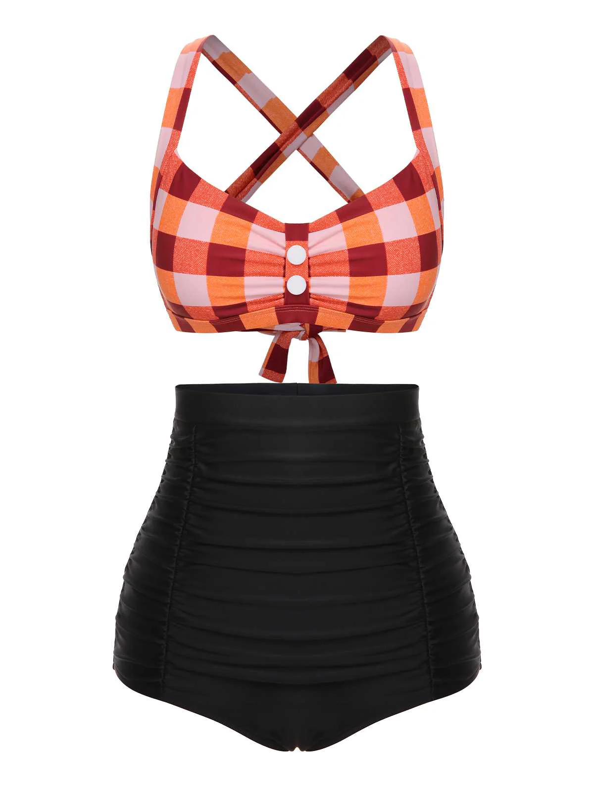 1950s Double Strap Buttoned Plaids Swimsuit - Image 2
