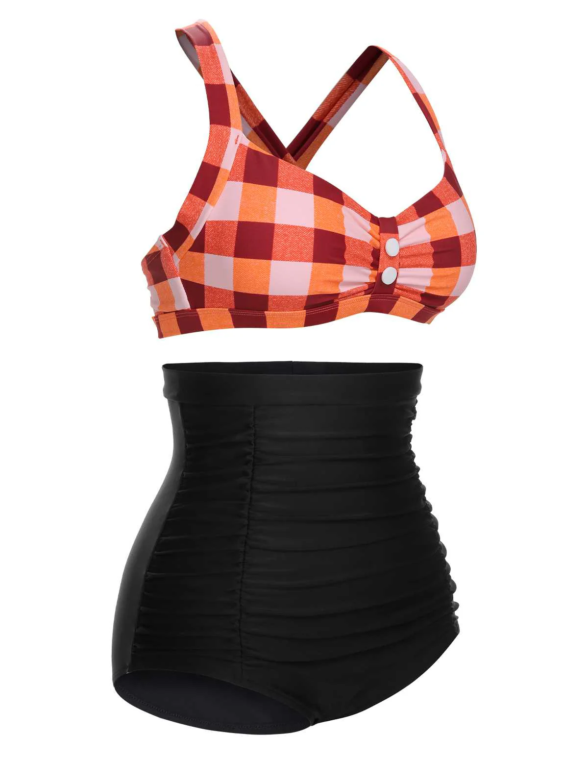 1950s Double Strap Buttoned Plaids Swimsuit - Image 3