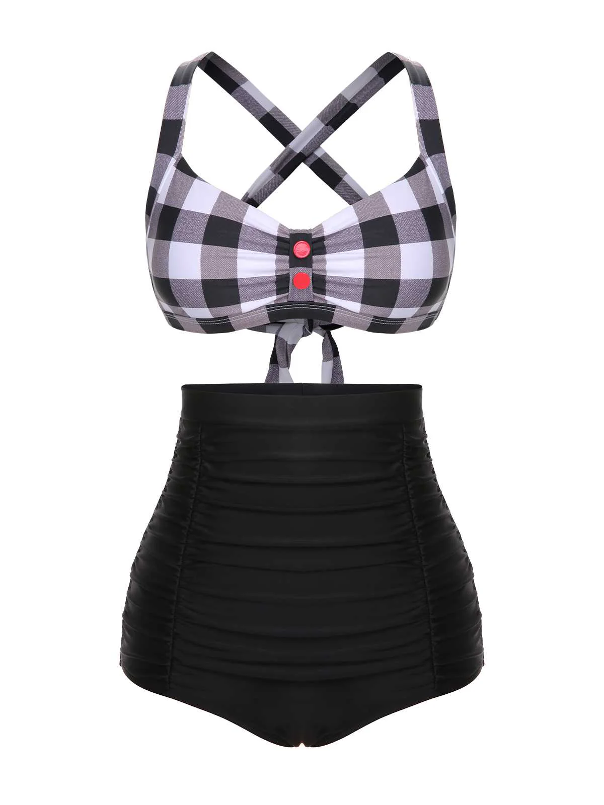 1950s Double Strap Buttoned Plaids Swimsuit - Image 2