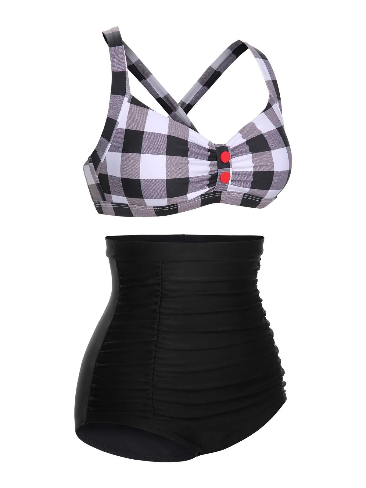 1950s Double Strap Buttoned Plaids Swimsuit - Image 3
