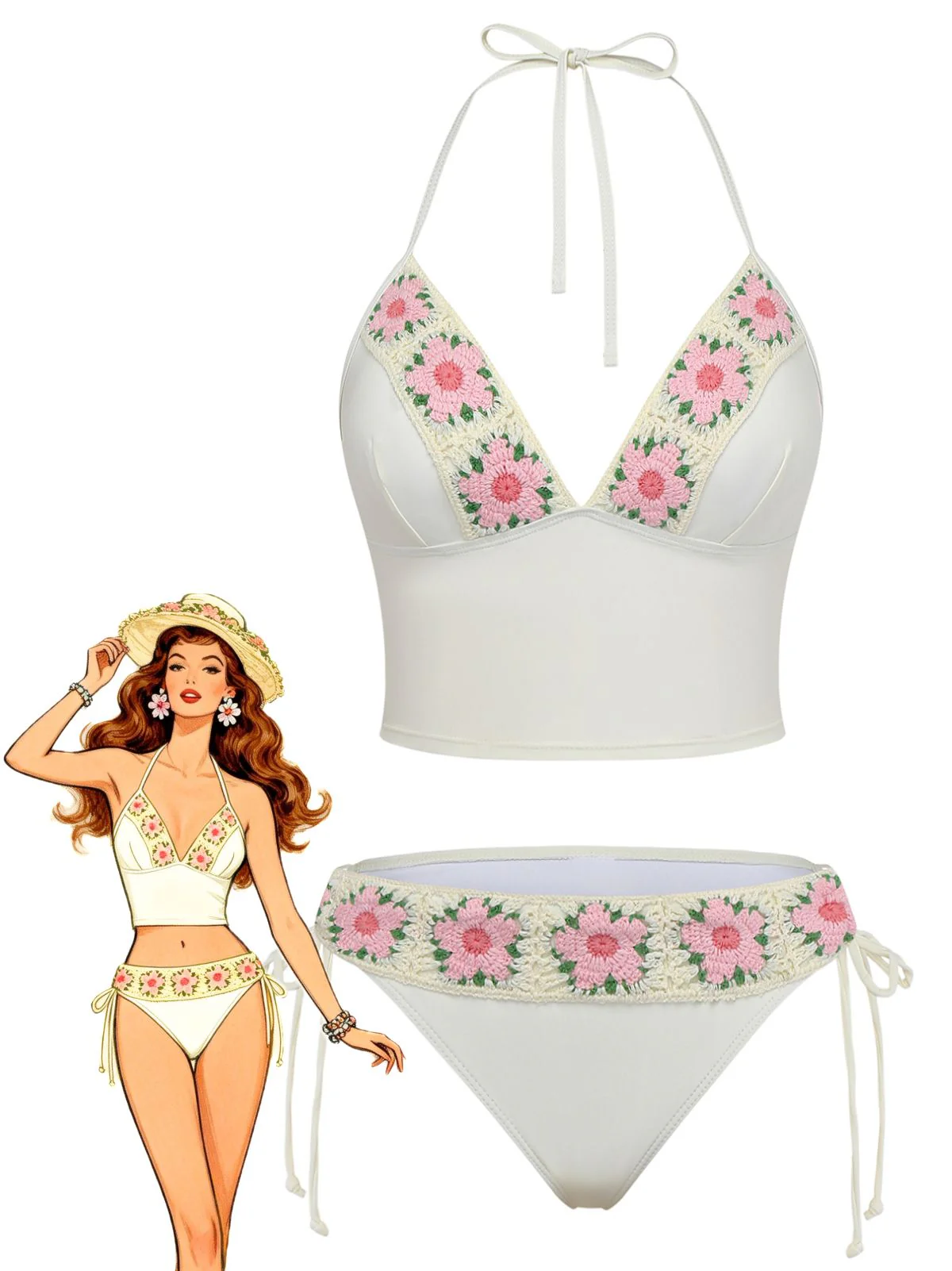 1950s Embroidered Handmade Floral High Waist Bikini Set