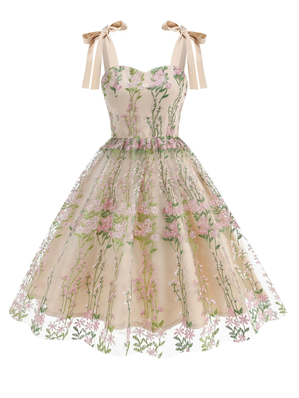 1950s Embroidered Mesh Lace-Up Sweetheart Neck Dress