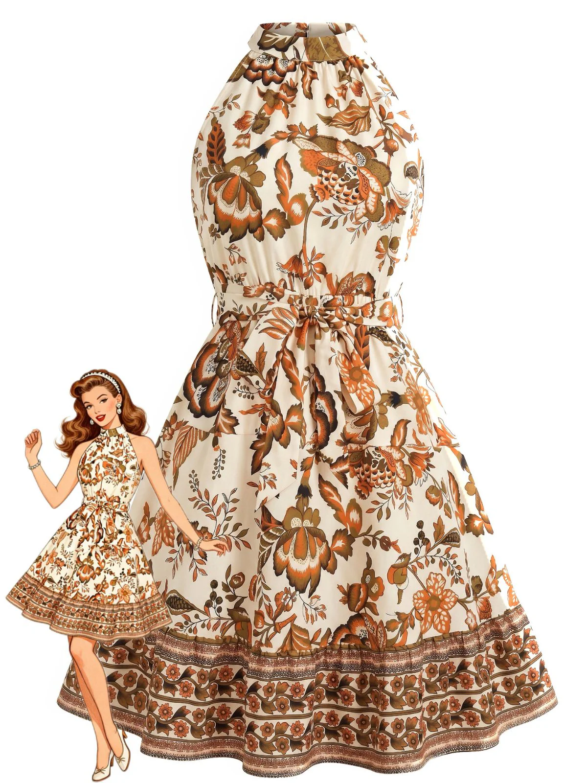 1950s Floral Halter Belted Swing Dress