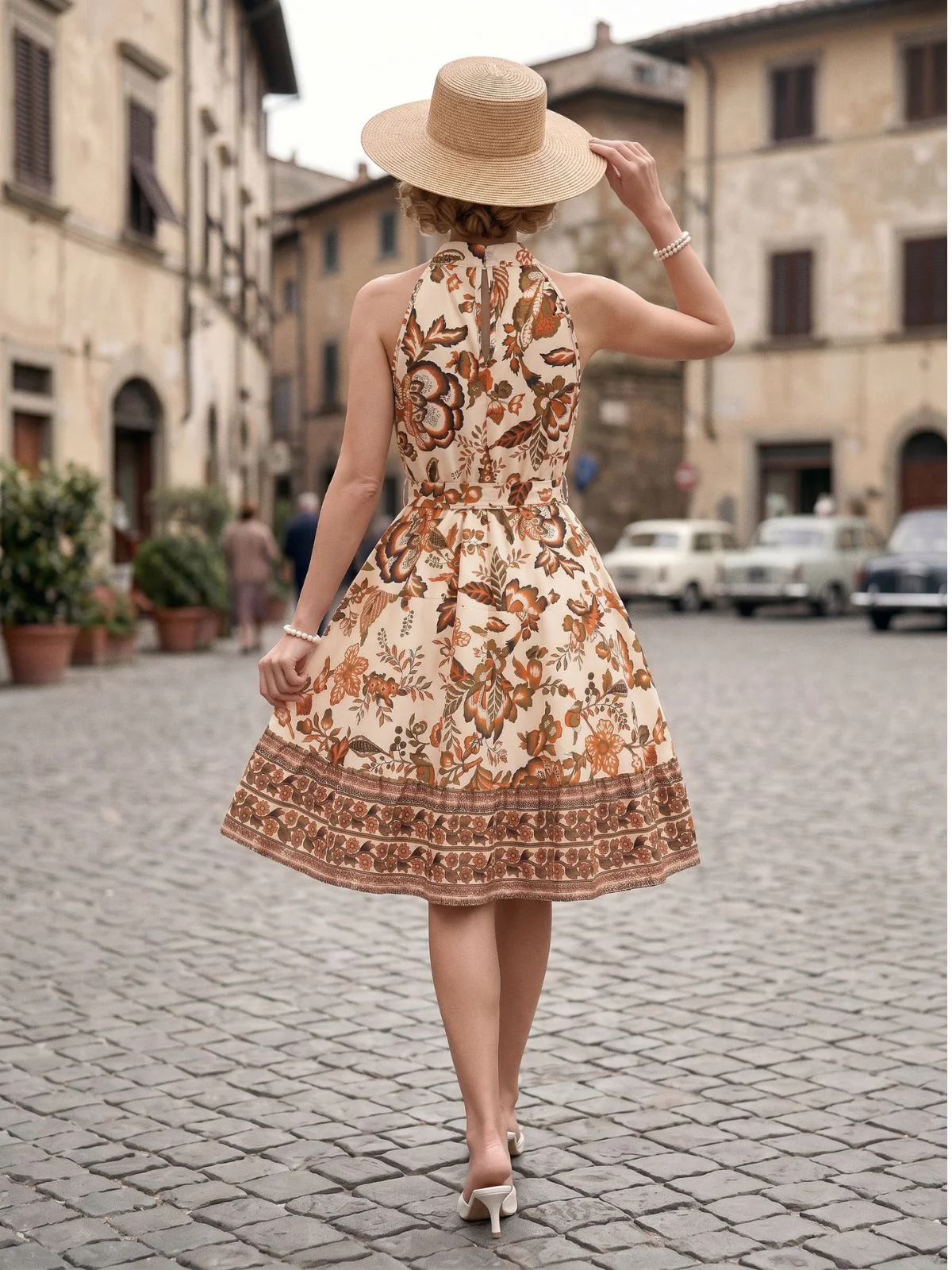 1950s Floral Halter Belted Swing Dress - Image 6