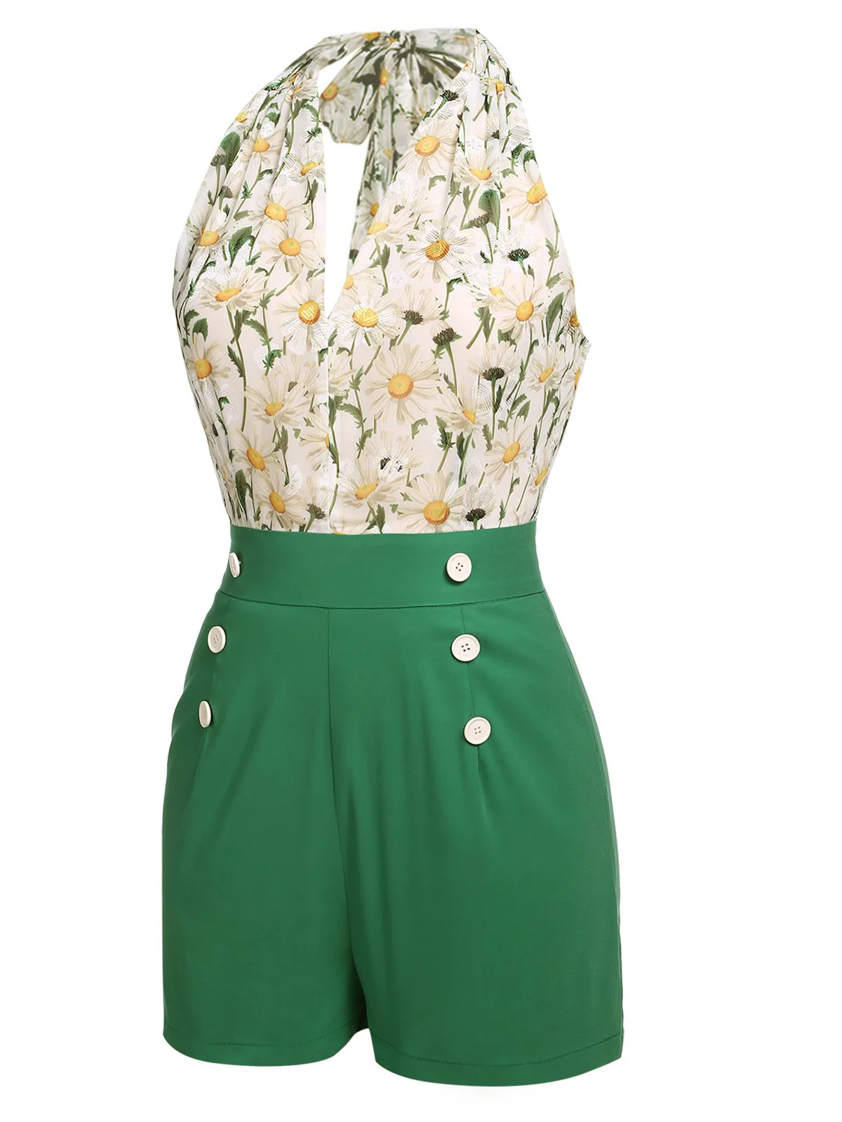 1950s Floral Halter Button Lace-up Romper - Image 3