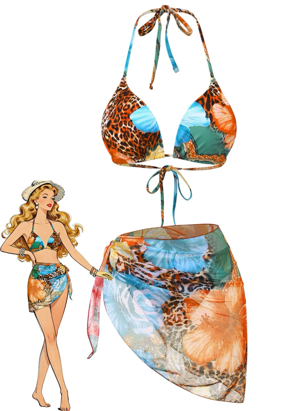 1950s Floral Leopard Halter Bikini Set & Cover-Up
