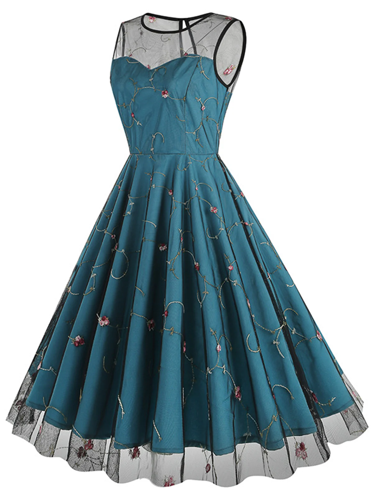 1950s Floral Mesh Swing Dress - Image 6