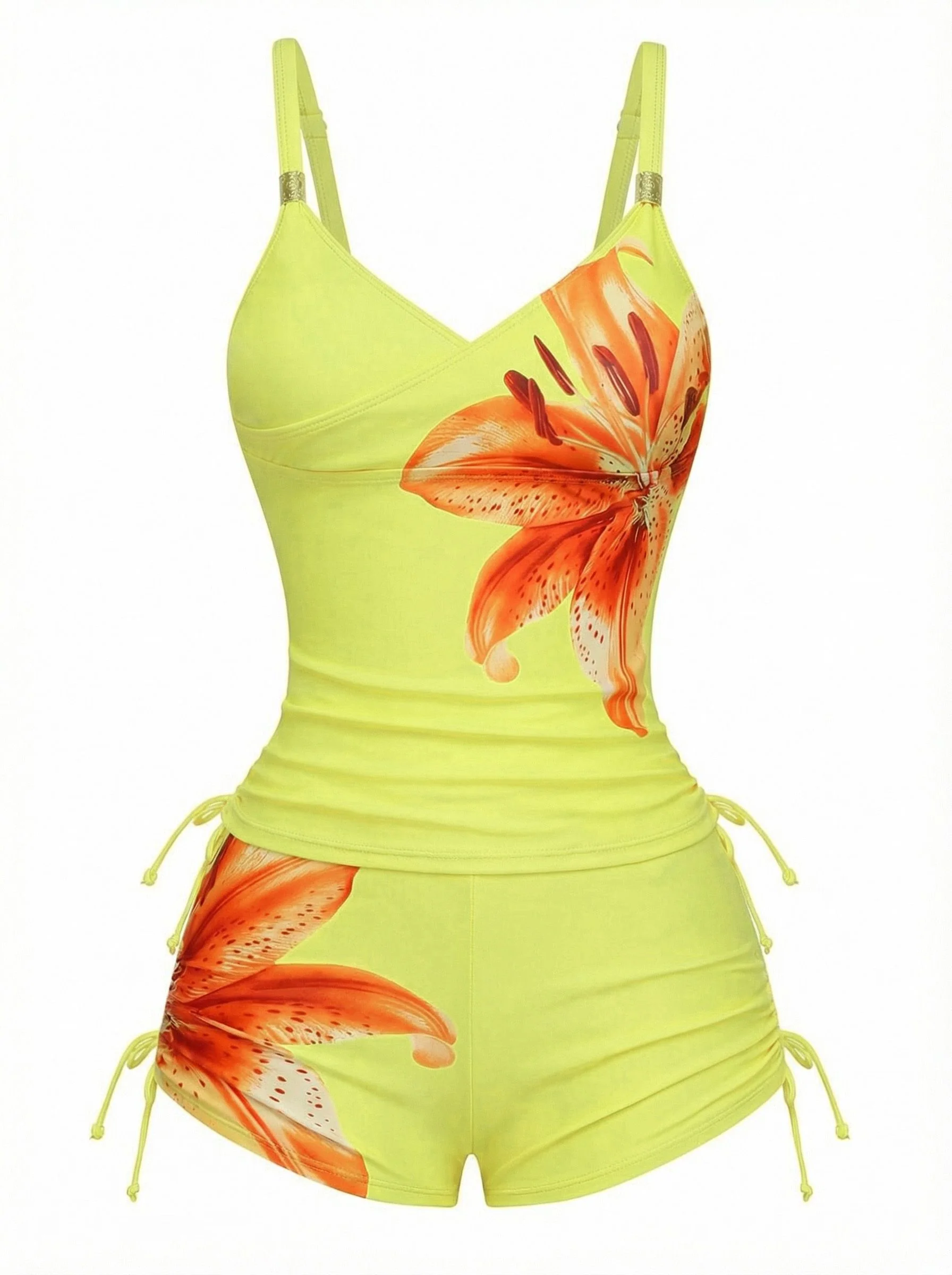 1950s Floral Solid Lace-Up Tankini Set - Image 3