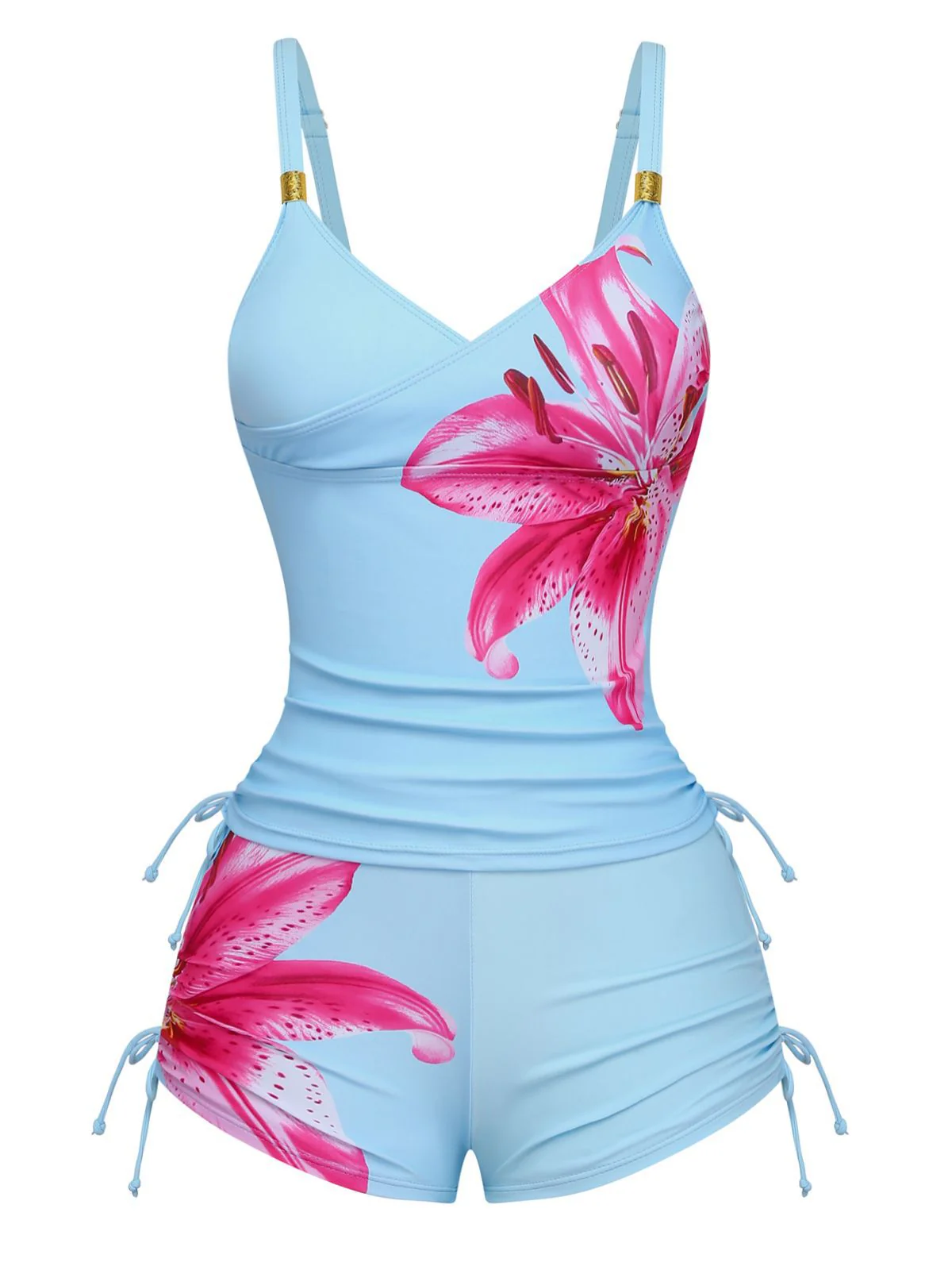 1950s Floral Solid Lace-Up Tankini Set - Image 5
