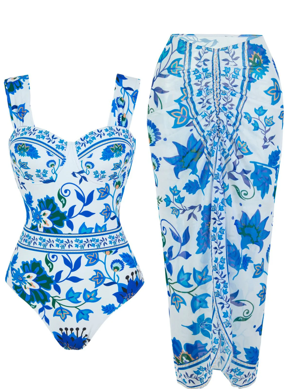 1950s Floral Wide Strap One Piece Swimsuit & Cover-Up