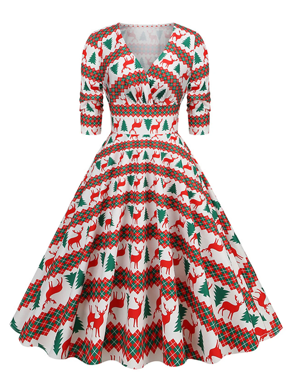 1950s Christmas V-Neck Mid-Sleeve Dress - Image 2