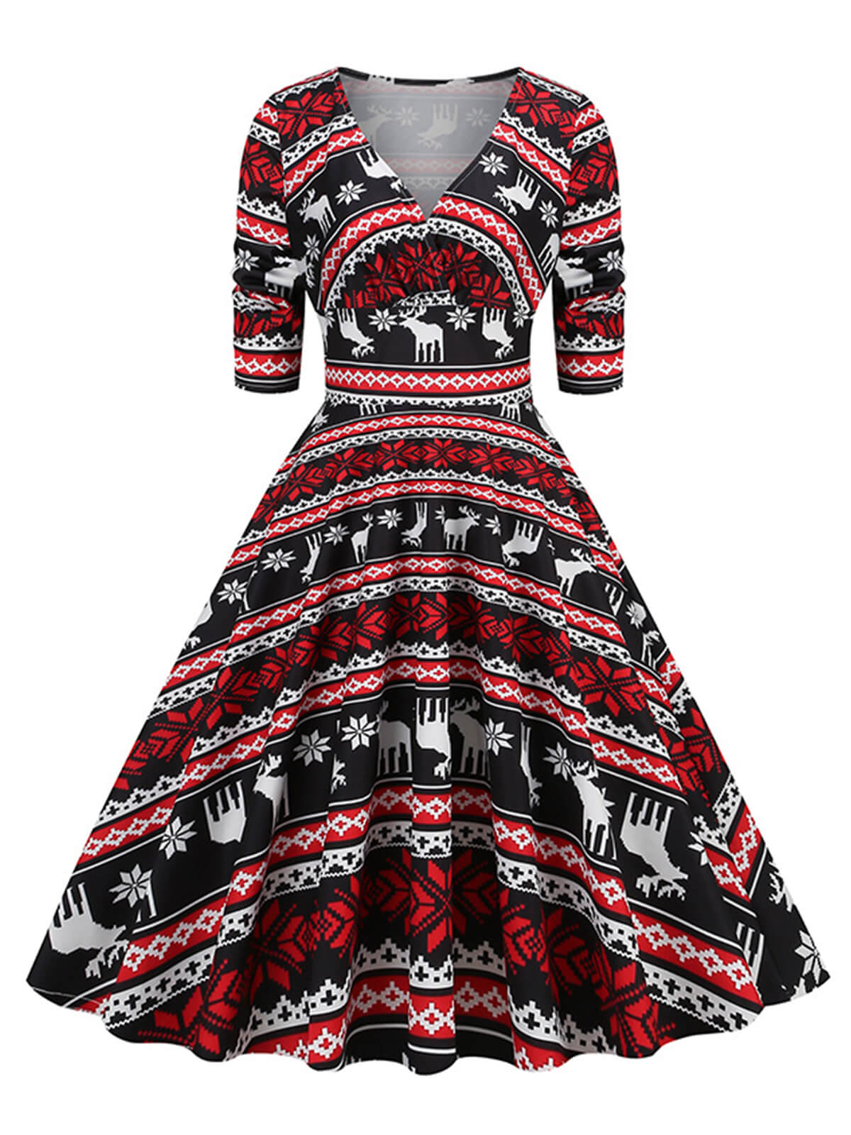 1950s Christmas V-Neck Mid-Sleeve Dress - Image 5
