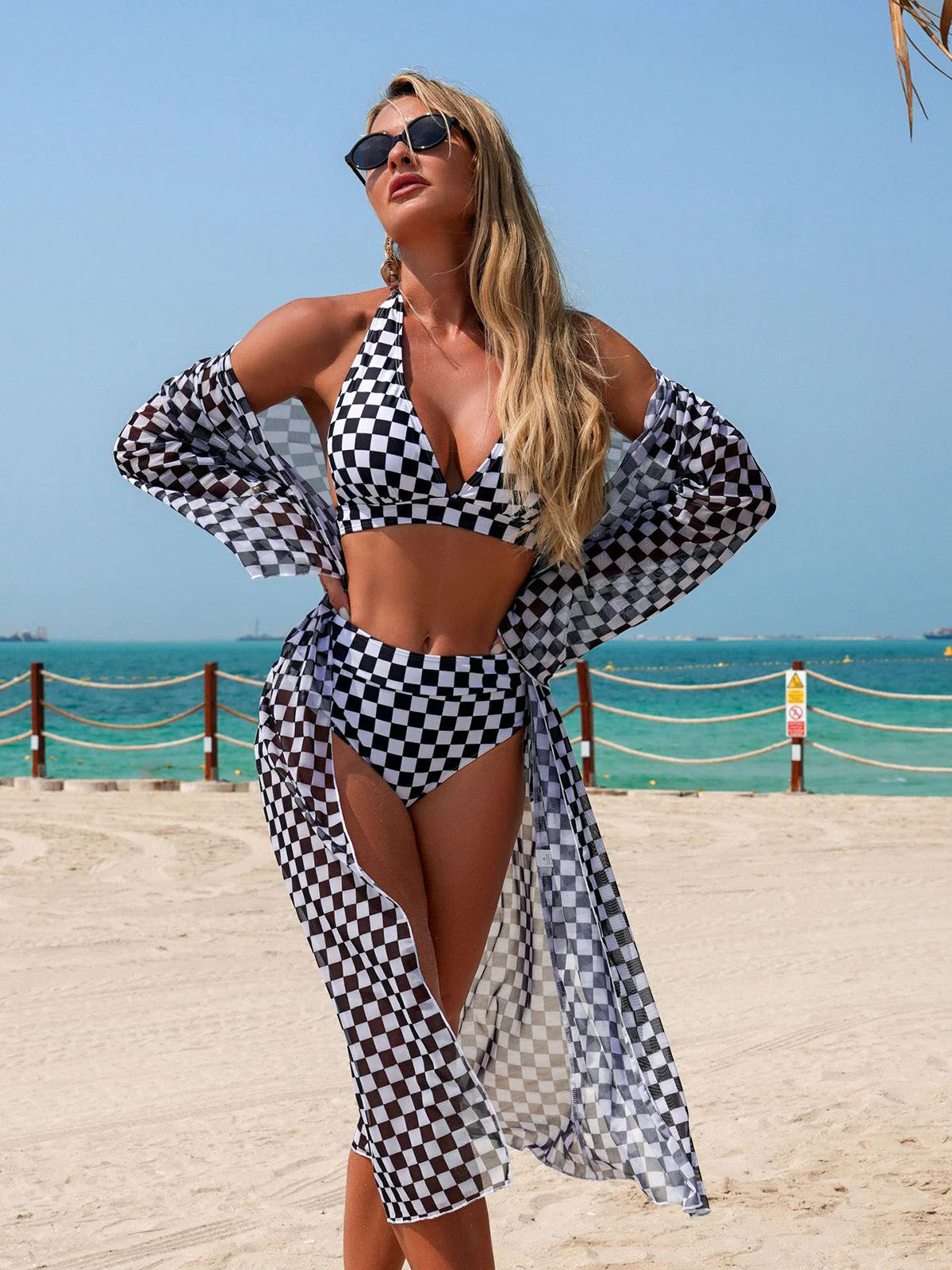 1950s Halter Checkerboard Print Bikini Set & Cover-Up - Image 8
