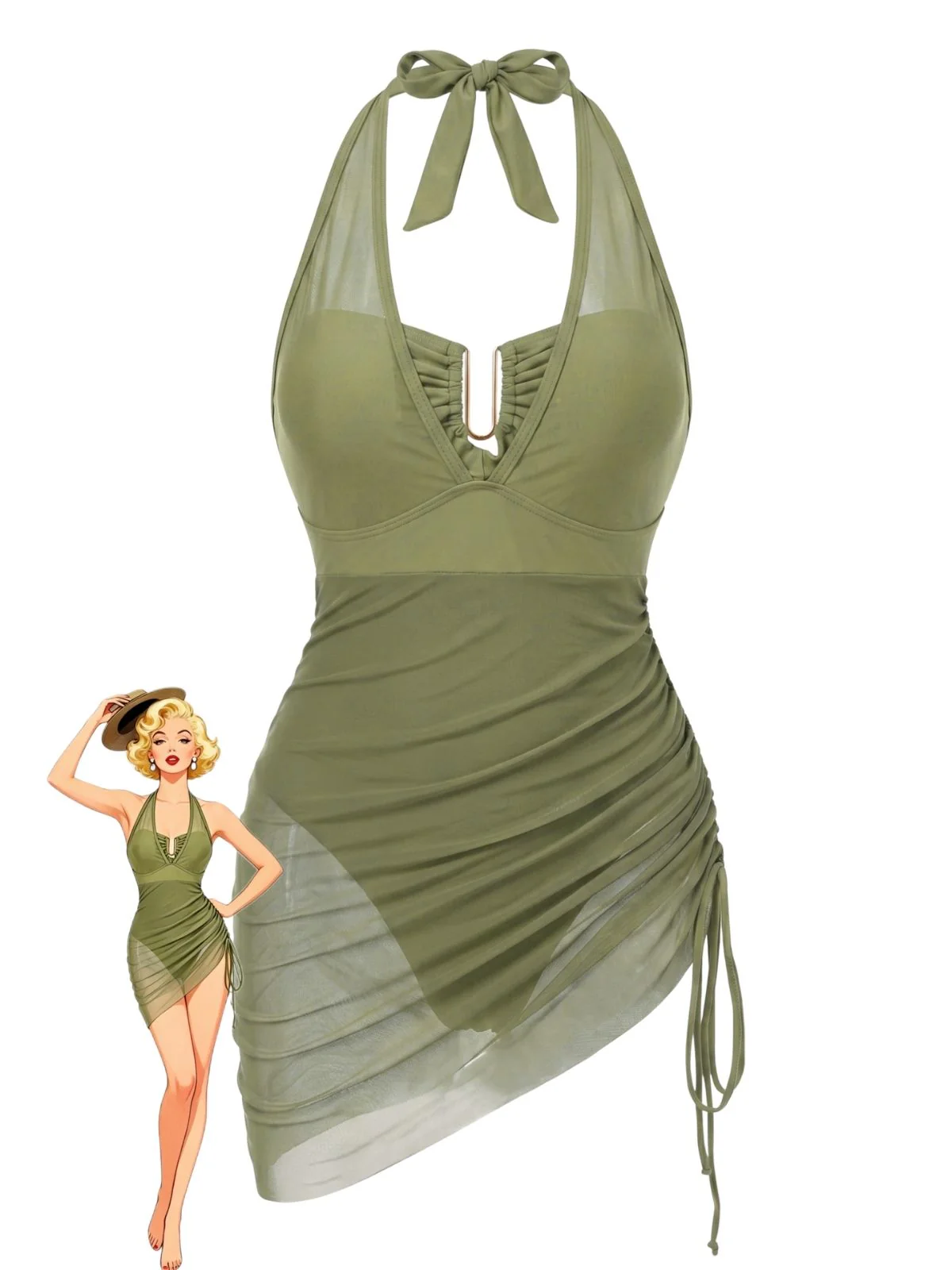 1950s Halter Mesh One-Piece Swimsuit