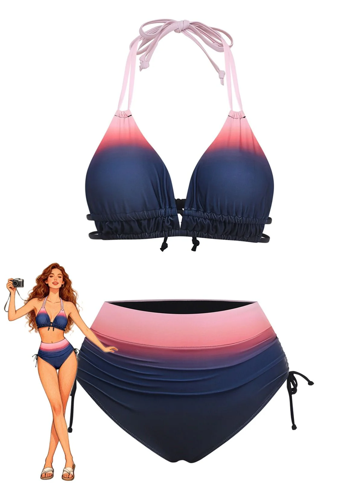 1950s Halter Ombre High-Waist Ruched Bikini Set