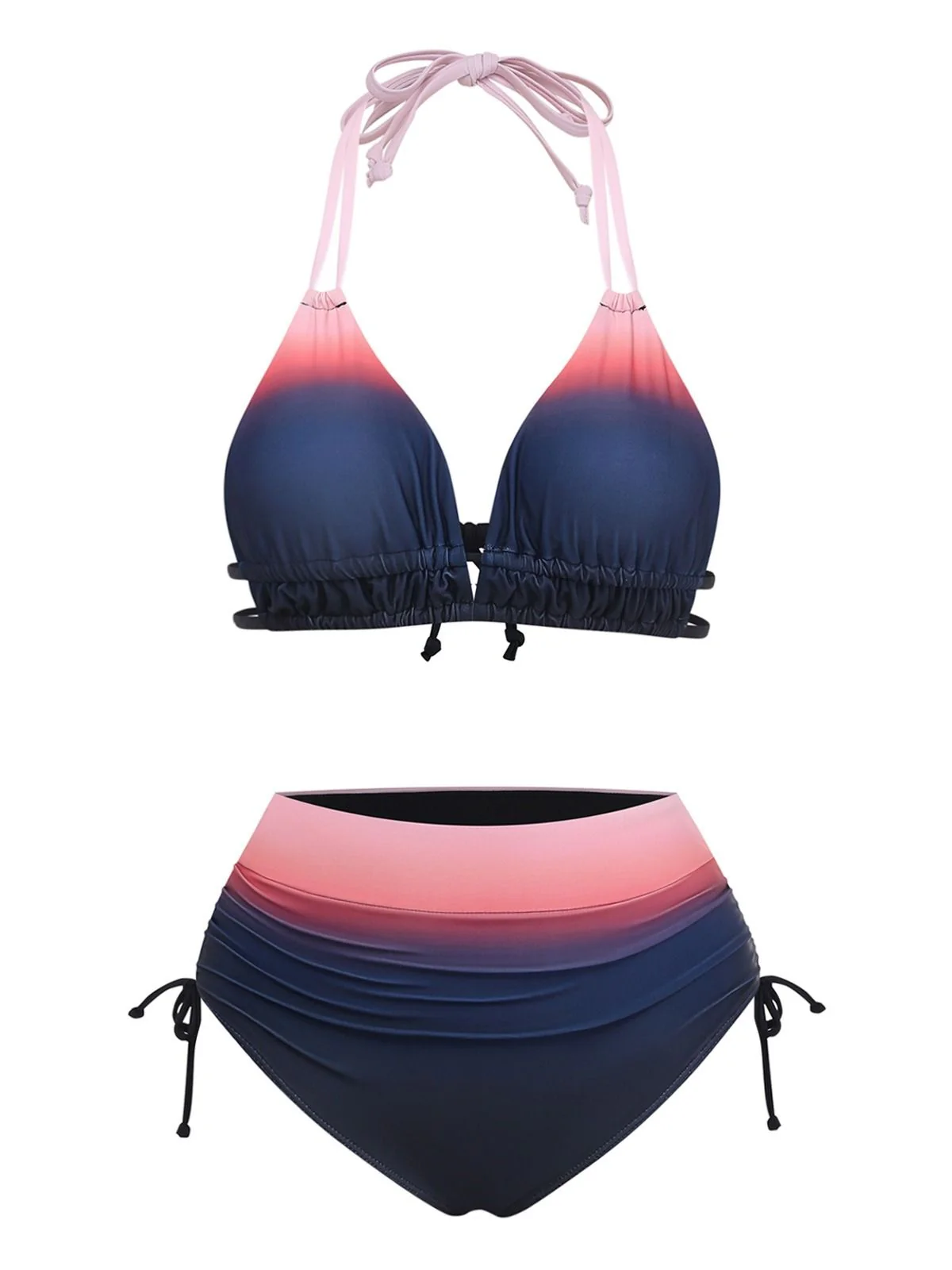 1950s Halter Ombre High-Waist Ruched Bikini Set - Image 2