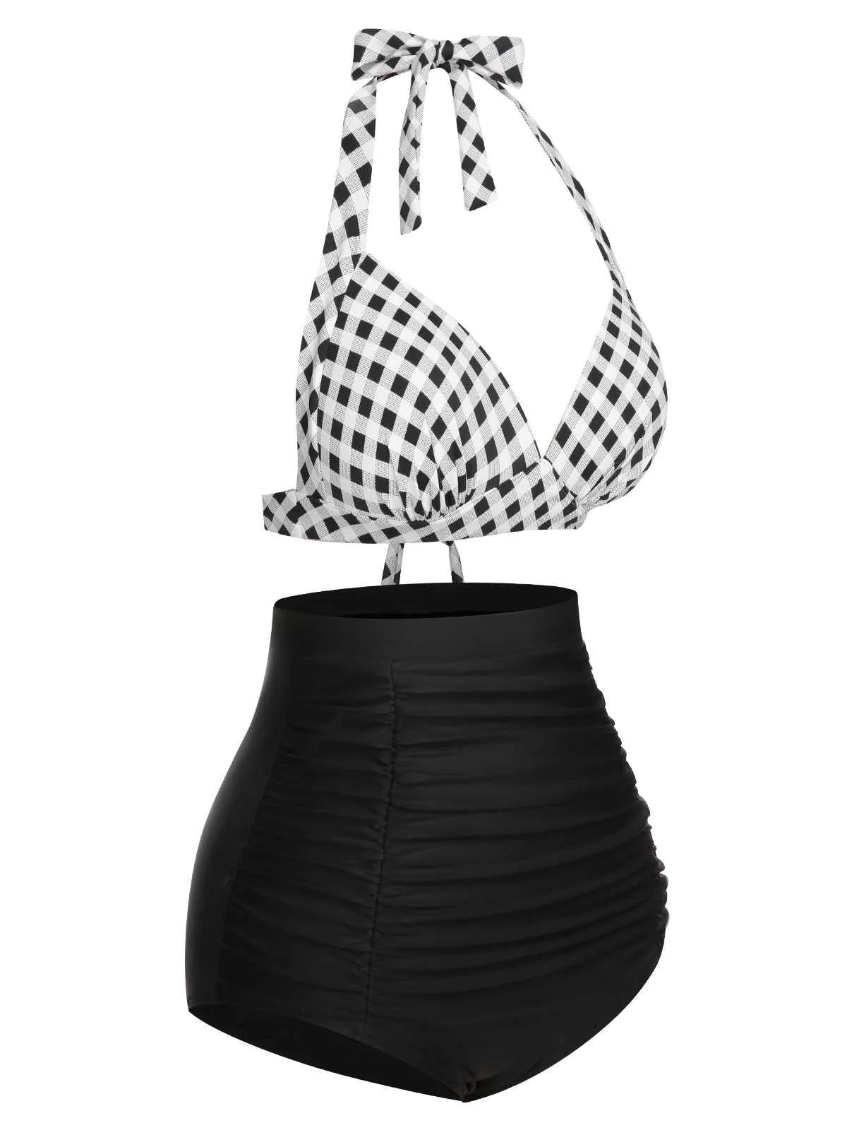 1950s Halter Plaids Lace-Up Swimsuit - Image 3