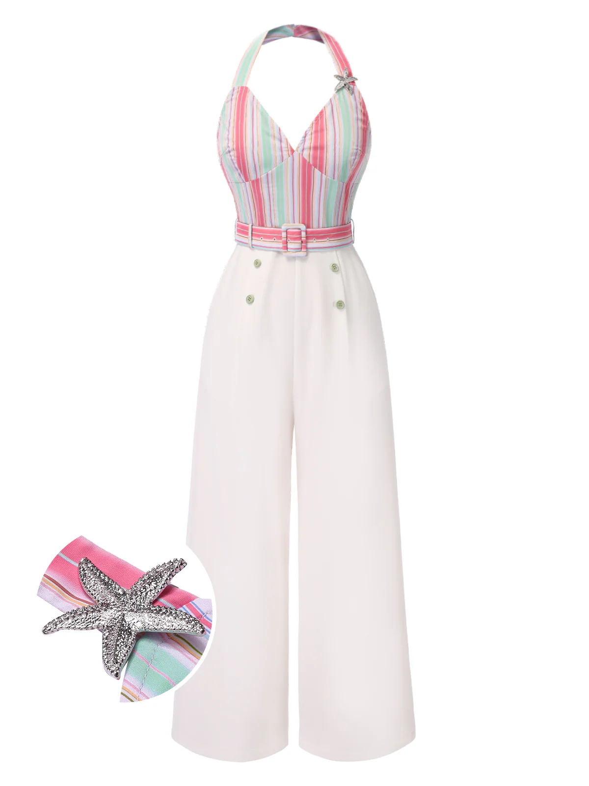 1950s Halter Starfish Colorful Stripes Belted Jumpsuit