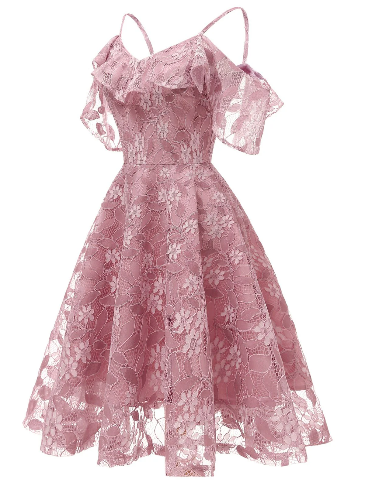 1950s Lace Cold Shoulder Ruffle Dress - Image 13