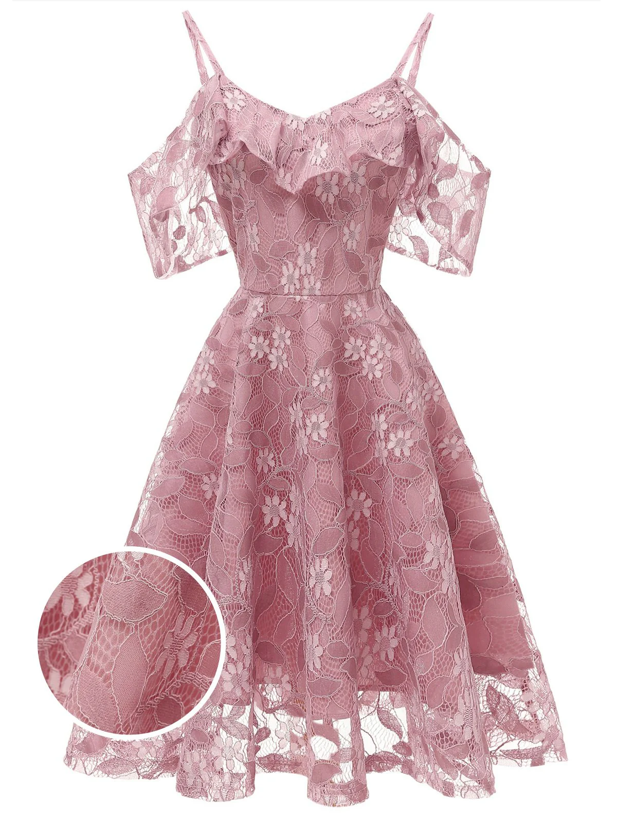 1950s Lace Cold Shoulder Ruffle Dress - Image 7