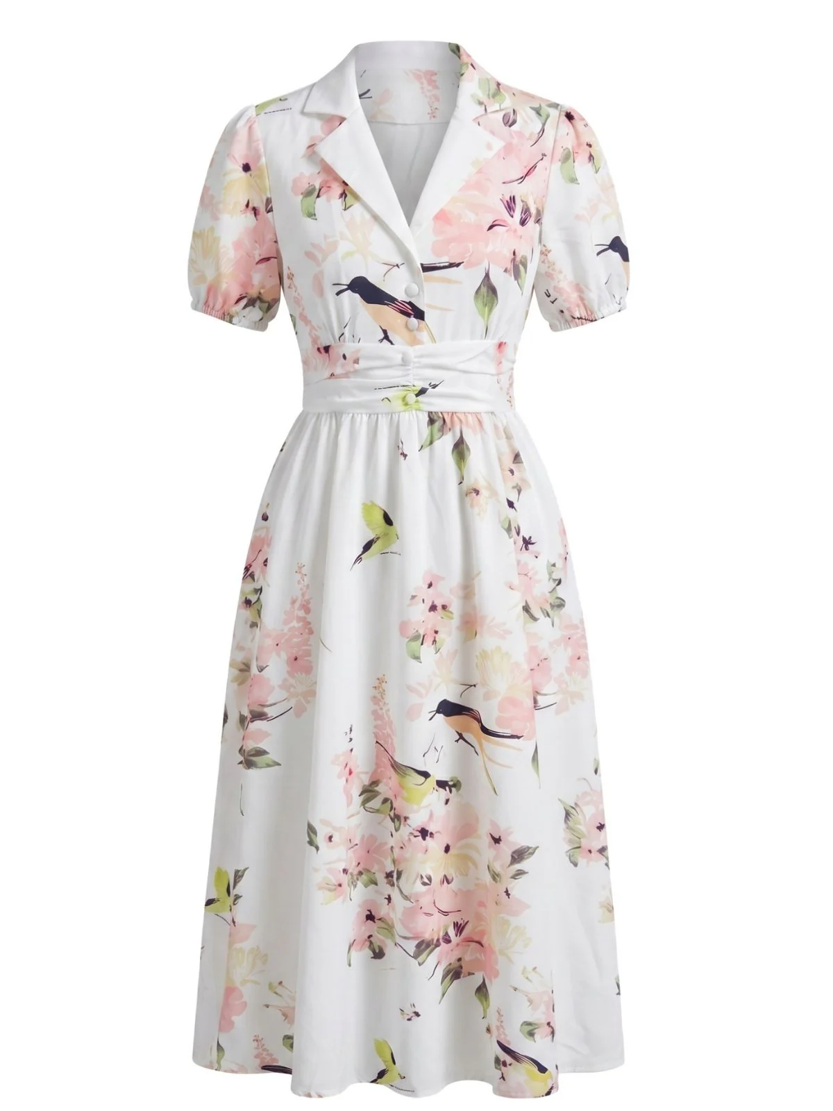 1950s Lapel Floral Hummingbird Print Ruched Waist Dress