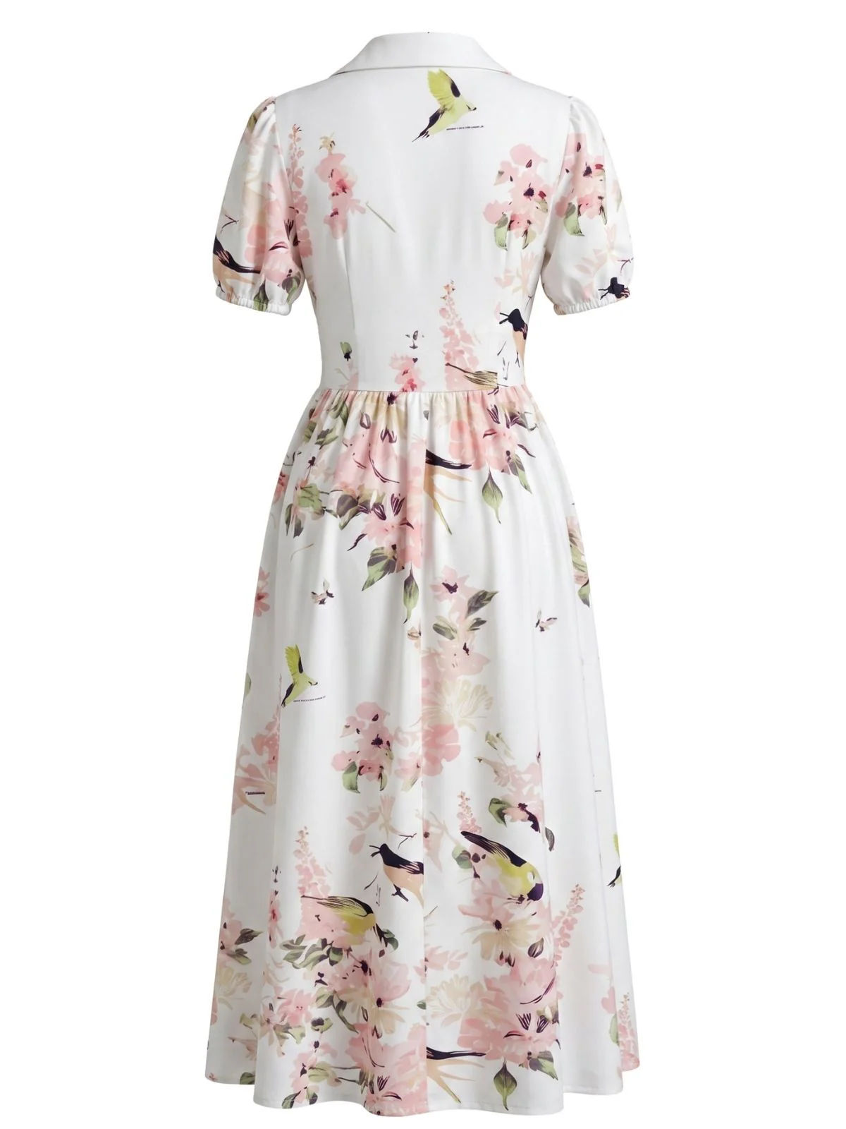 1950s Lapel Floral Hummingbird Print Ruched Waist Dress - Image 2
