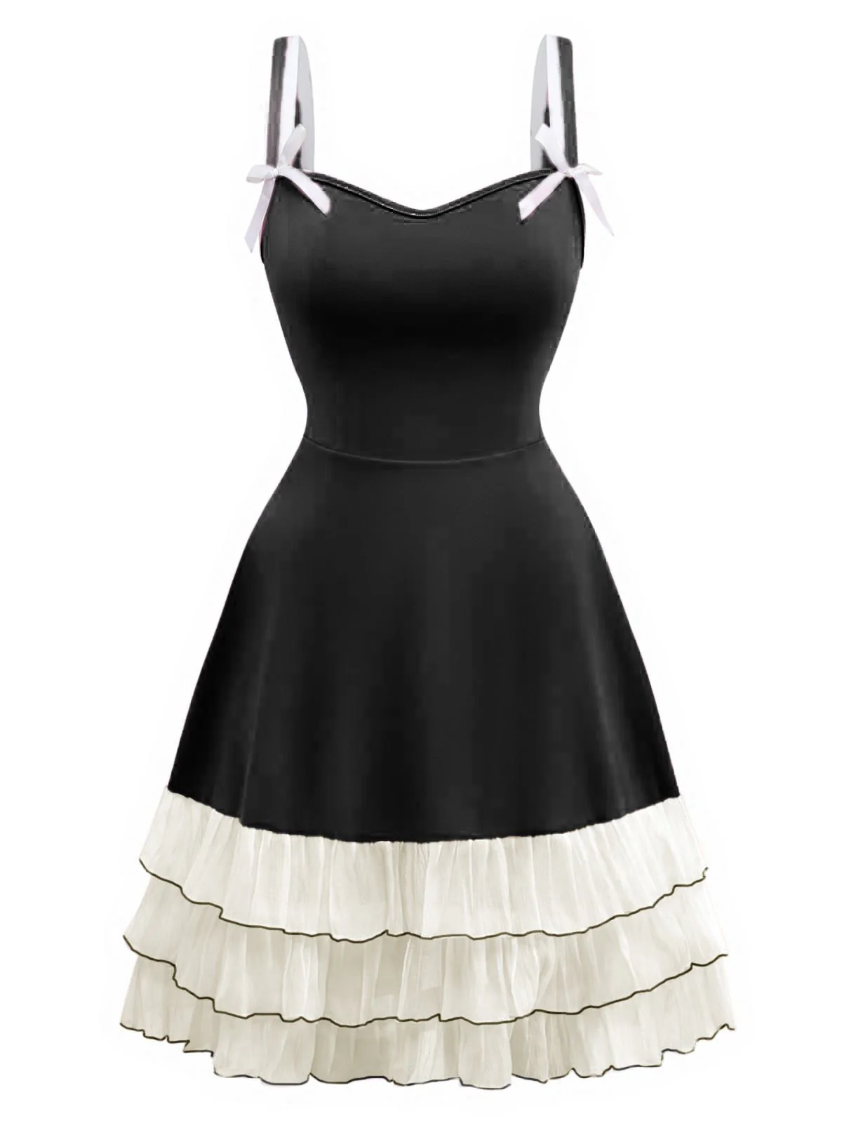 1950s Layered Hem Contrast Bow Strap Dress - Image 6
