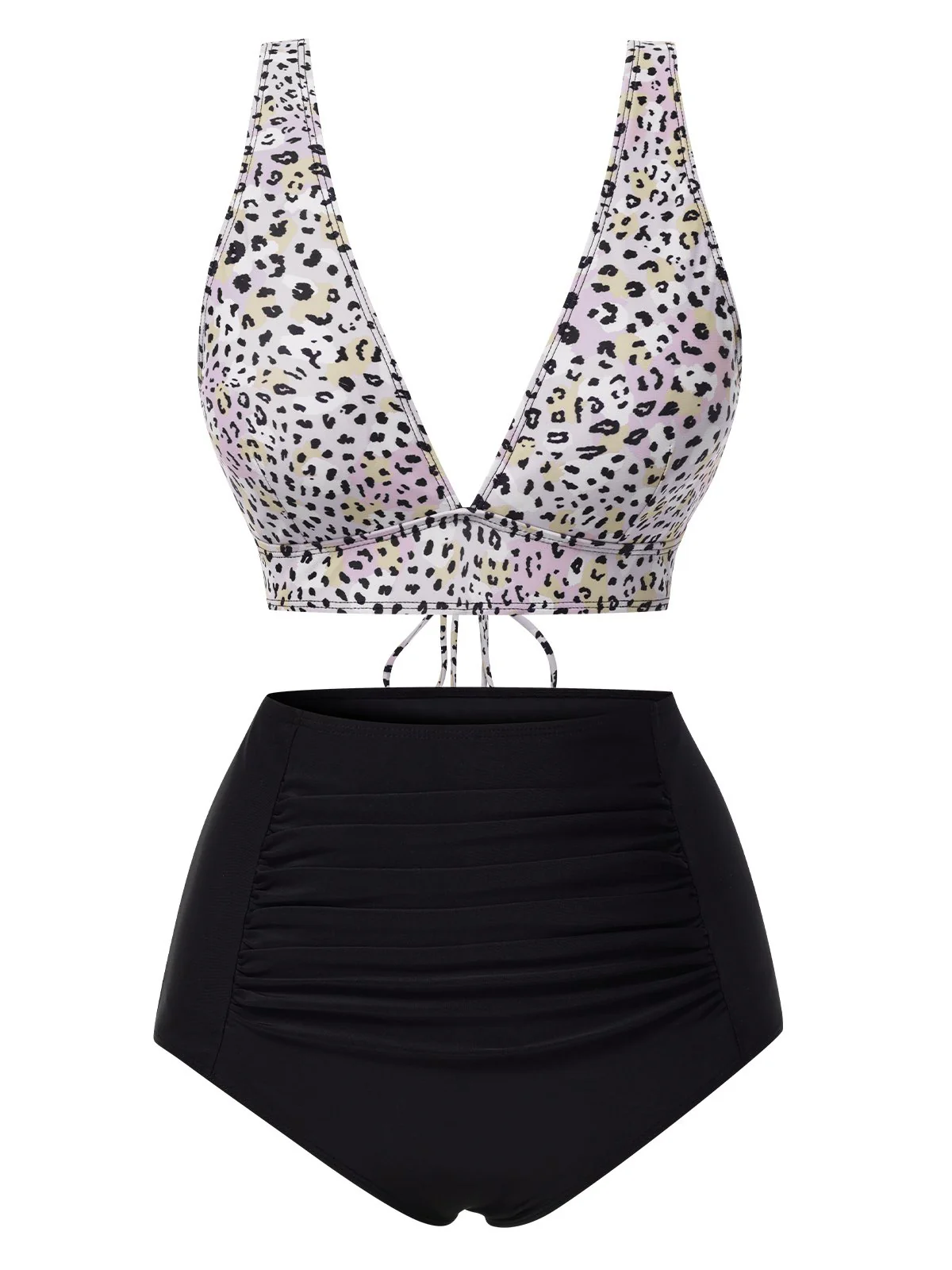 1950s Leopard Print Deep V-Neck Lace-Up Bikini Set