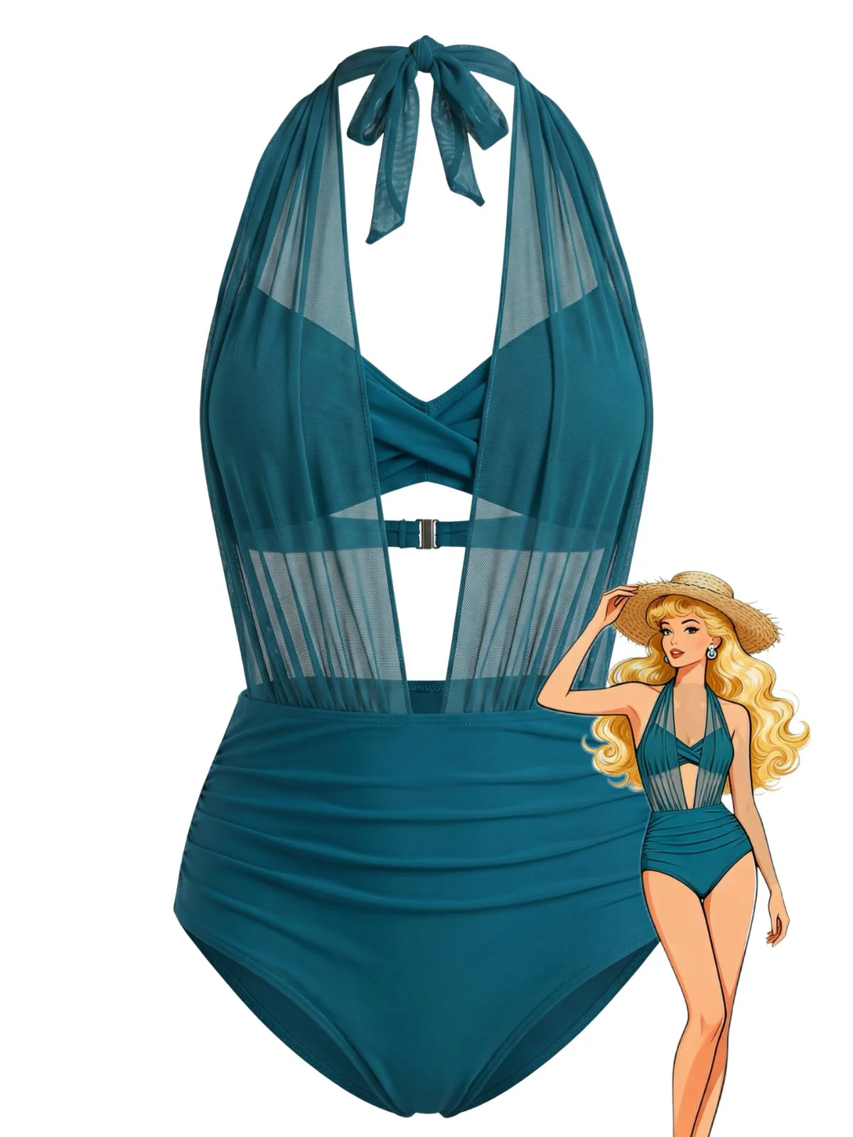 1950s Mesh Halter Plunge Ruched Bikini Set