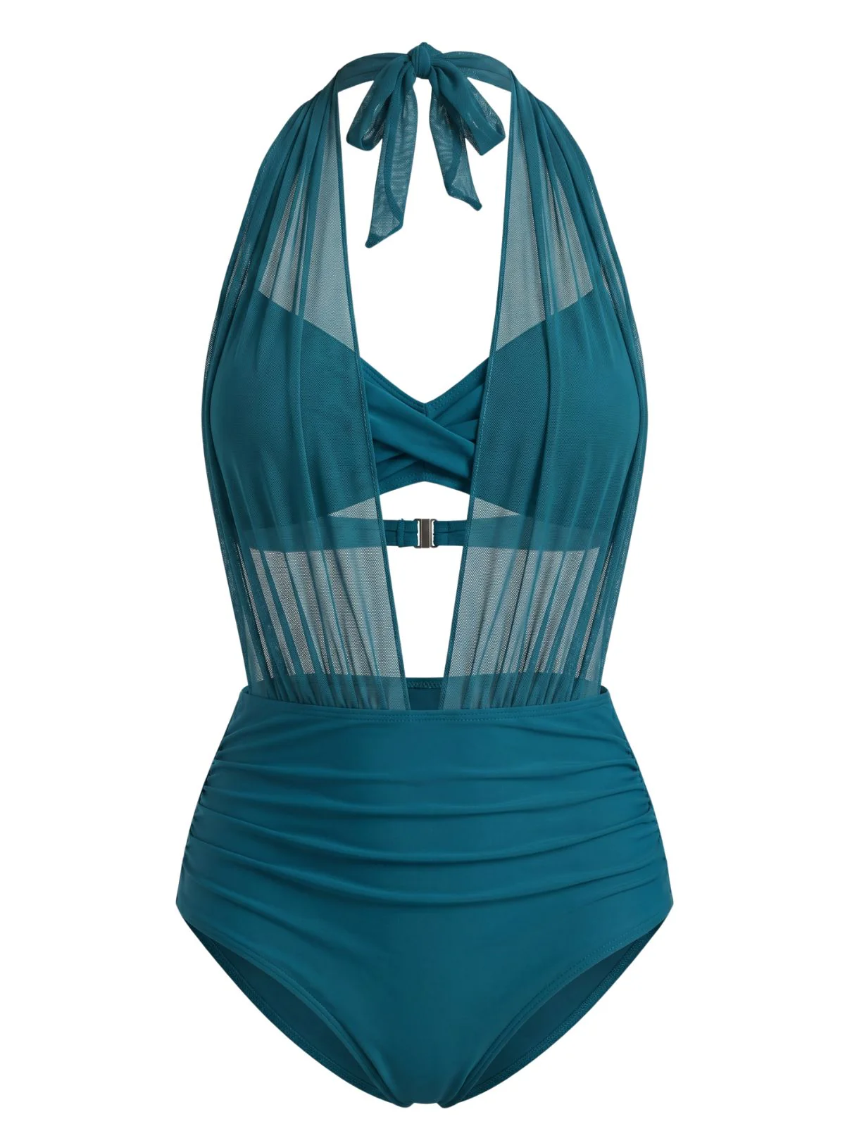 1950s Mesh Halter Plunge Ruched Bikini Set - Image 2