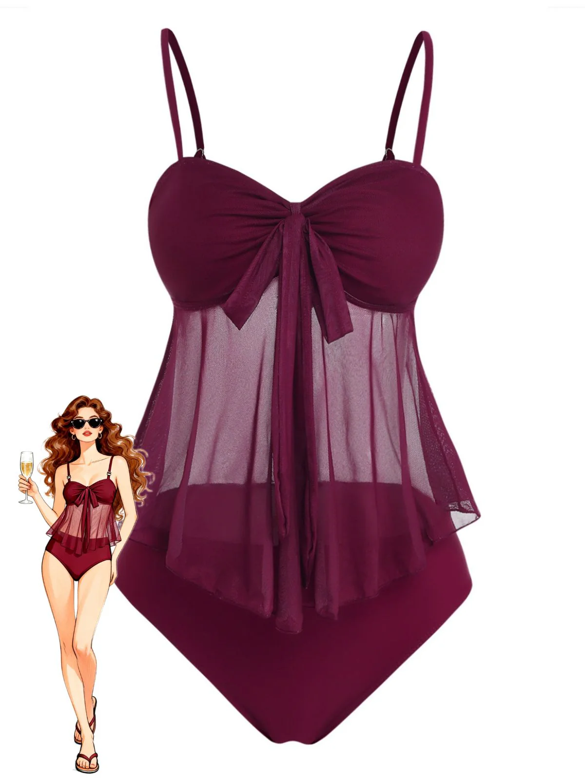 1950s Mesh High Waist Bow Tie Tankini Set - Image 2