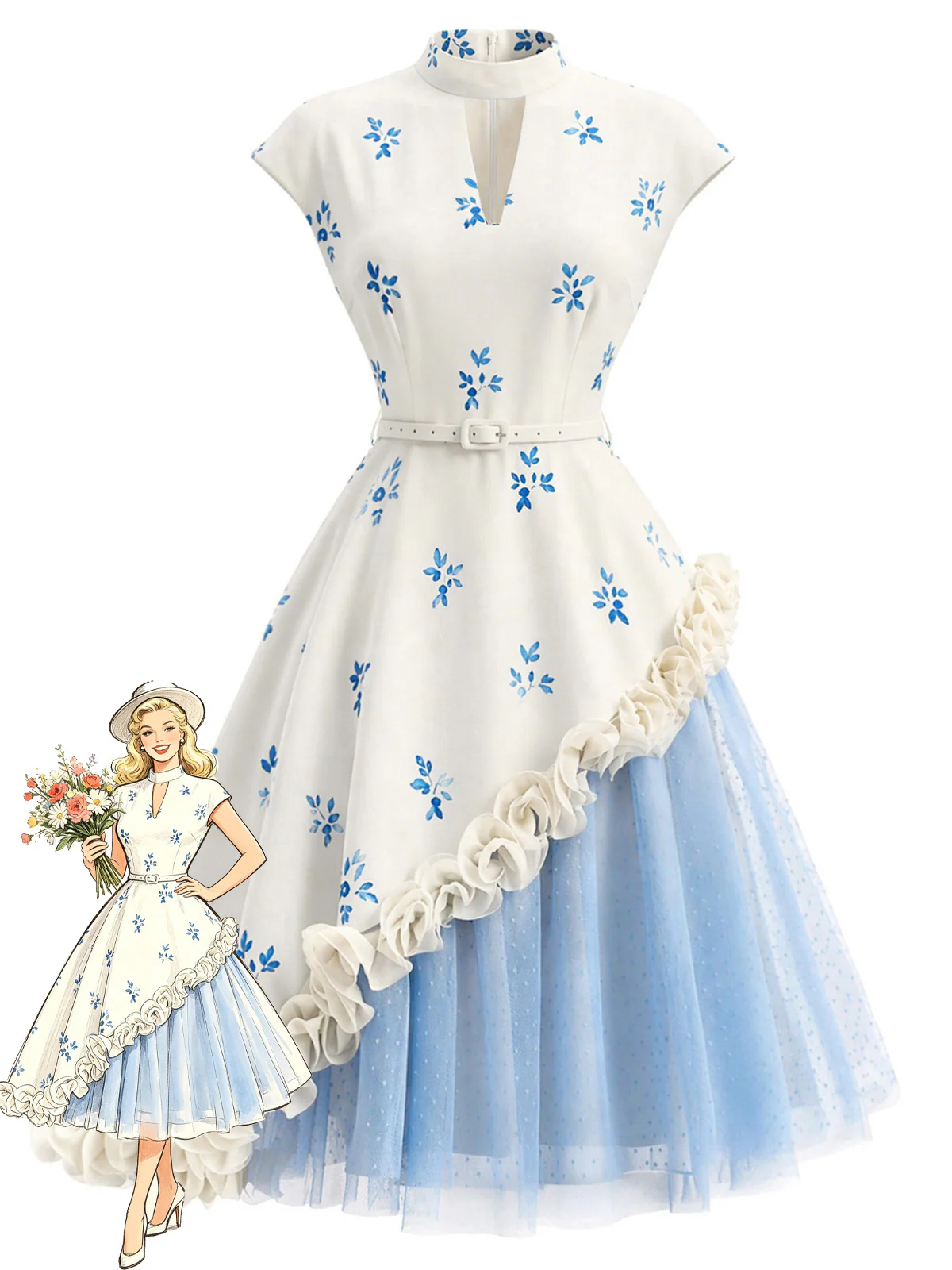 [Pre-Sale] 1950s Mock Neck 3D Rosette Polka Dot Mesh Dress