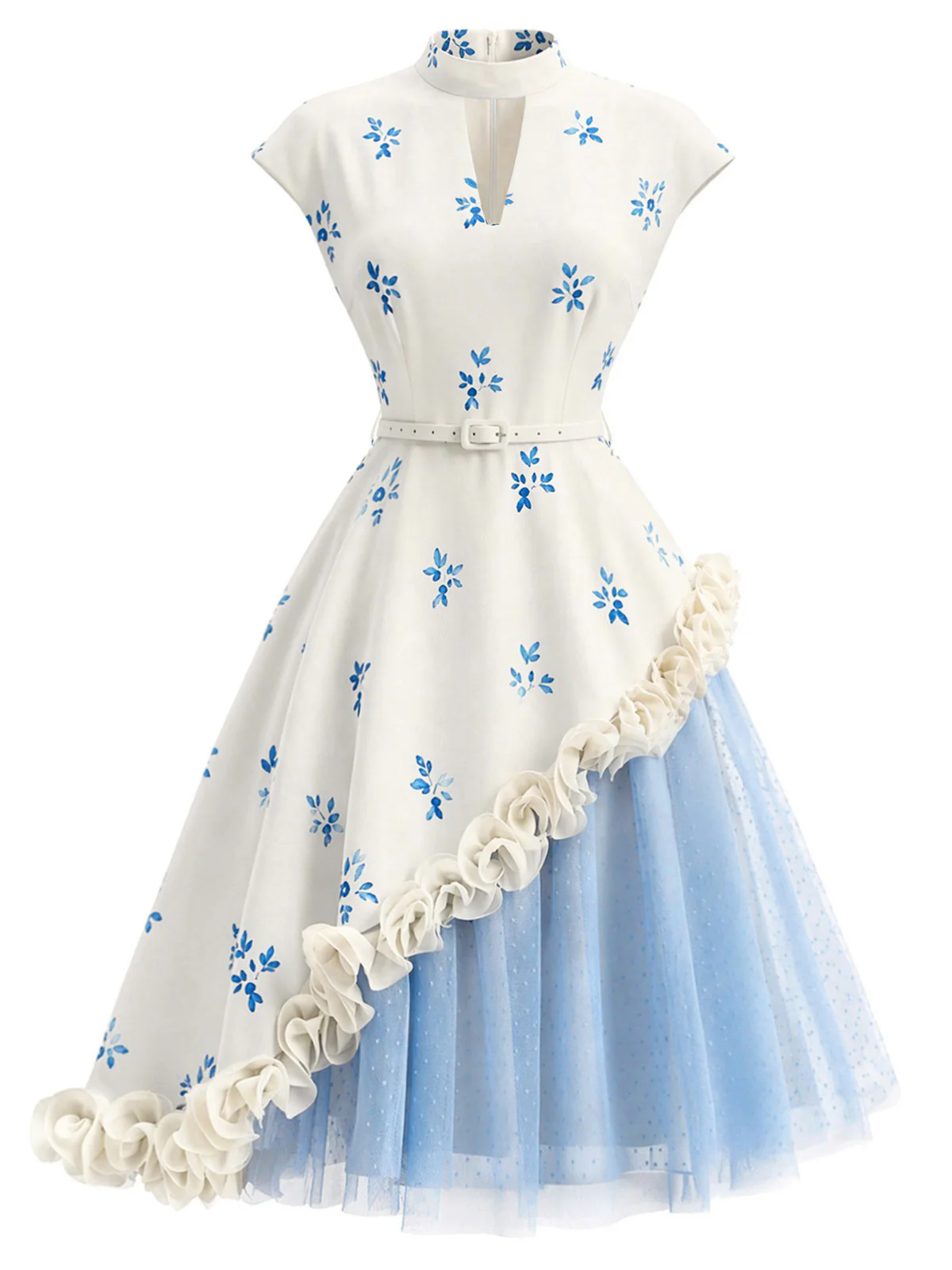 [Pre-Sale] 1950s Mock Neck 3D Rosette Polka Dot Mesh Dress - Image 2