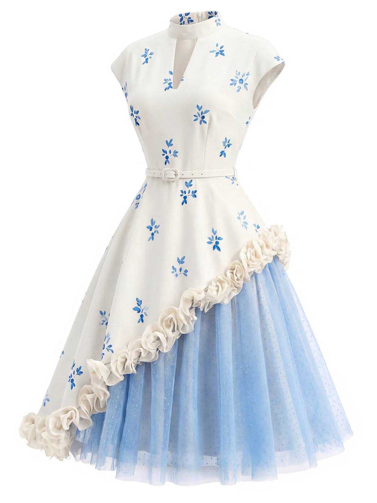 [Pre-Sale] 1950s Mock Neck 3D Rosette Polka Dot Mesh Dress - Image 3