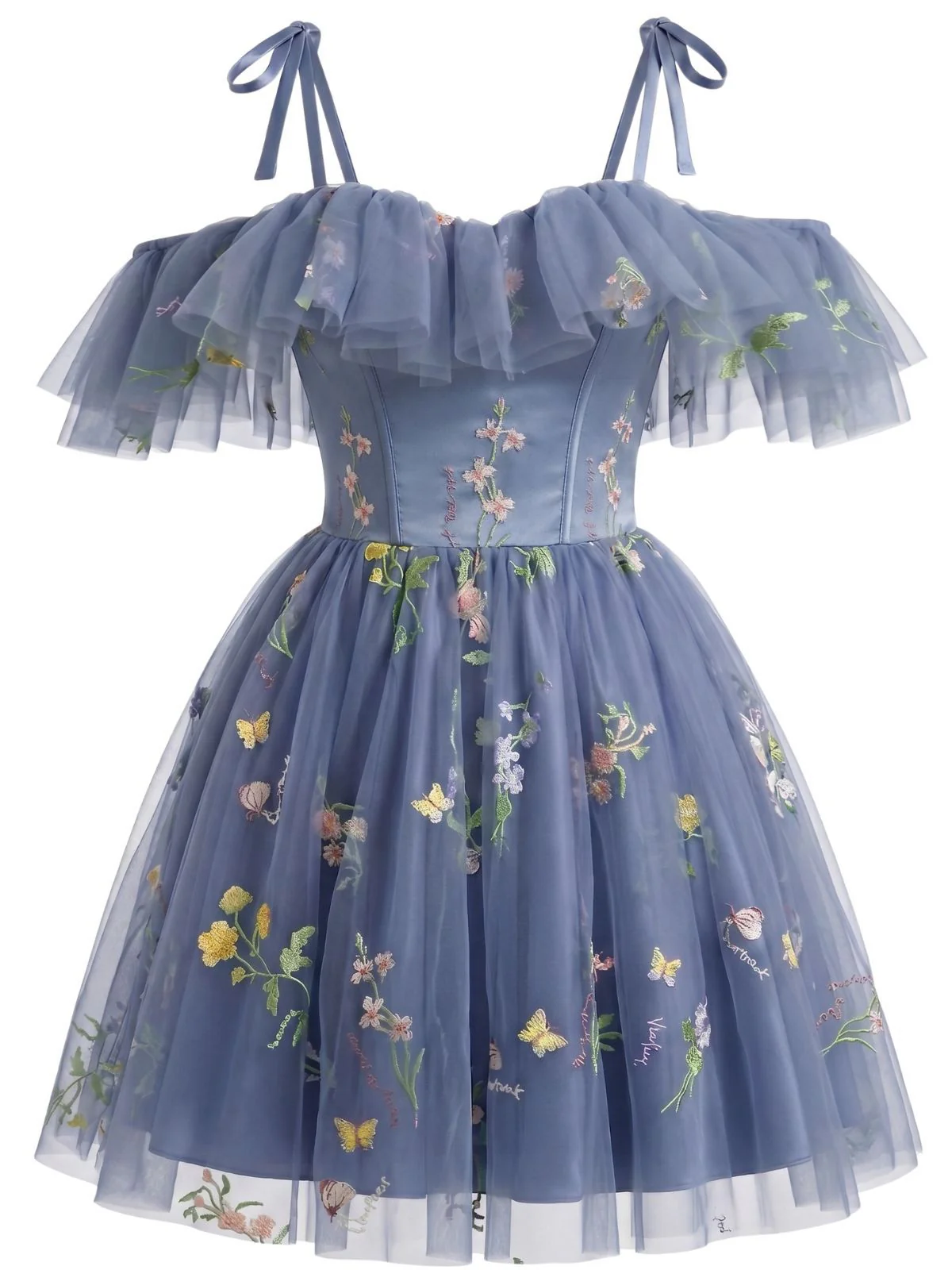 1950s Off-Shoulder Floral Embroidered Mesh Dress