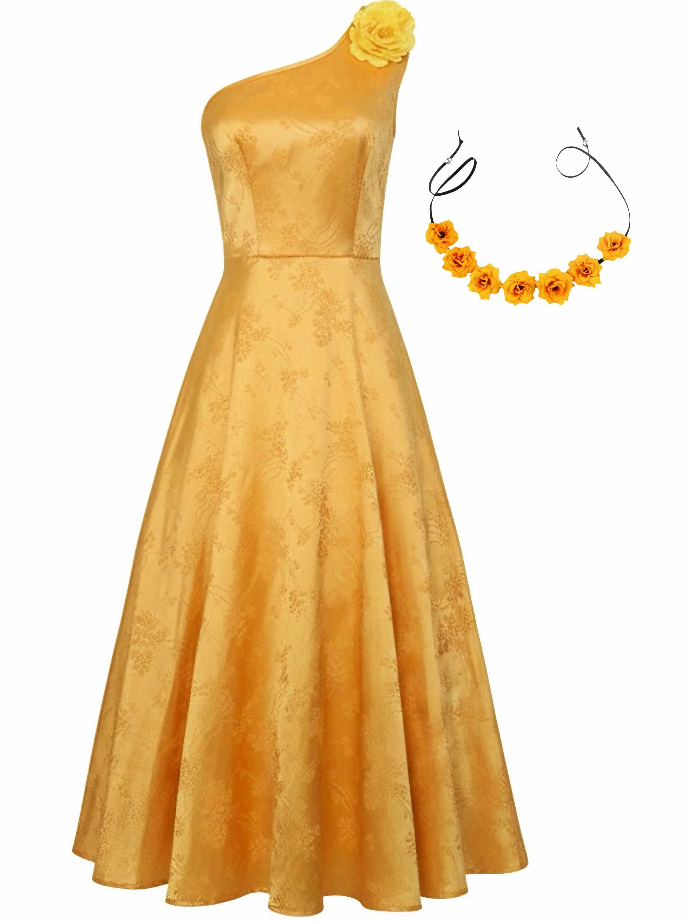 1950s One-Shoulder Jacquard Judy Cosplay Dress With 3D Floral Hairband