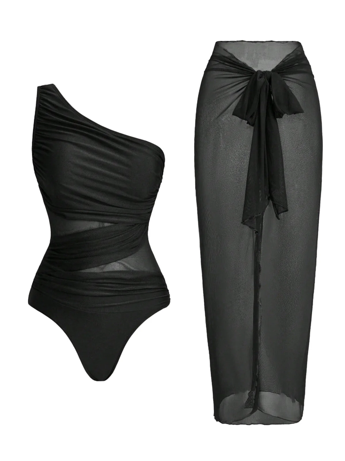 1950s One-Shoulder Ruched Tummy Control One-Piece Swimsuit & Cover-Up