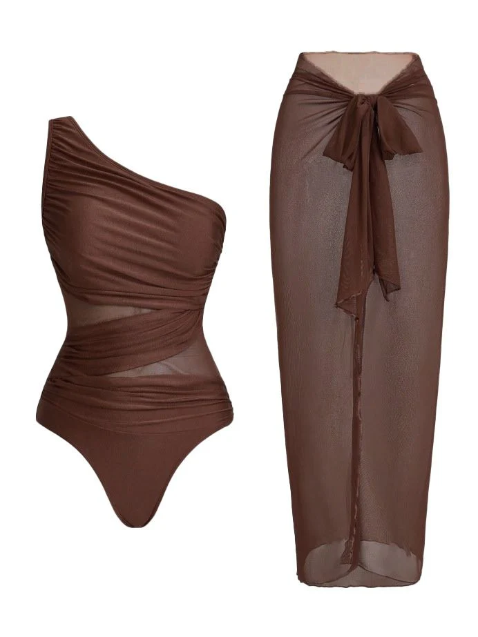 1950s One-Shoulder Ruched Tummy Control One-Piece Swimsuit & Cover-Up - Image 3