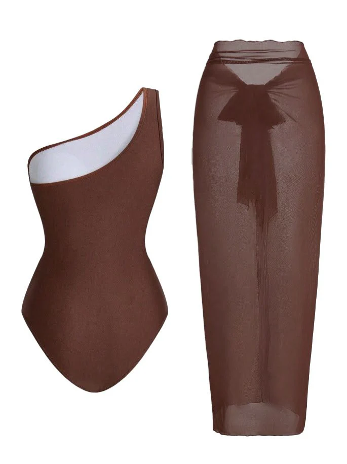1950s One-Shoulder Ruched Tummy Control One-Piece Swimsuit & Cover-Up - Image 4