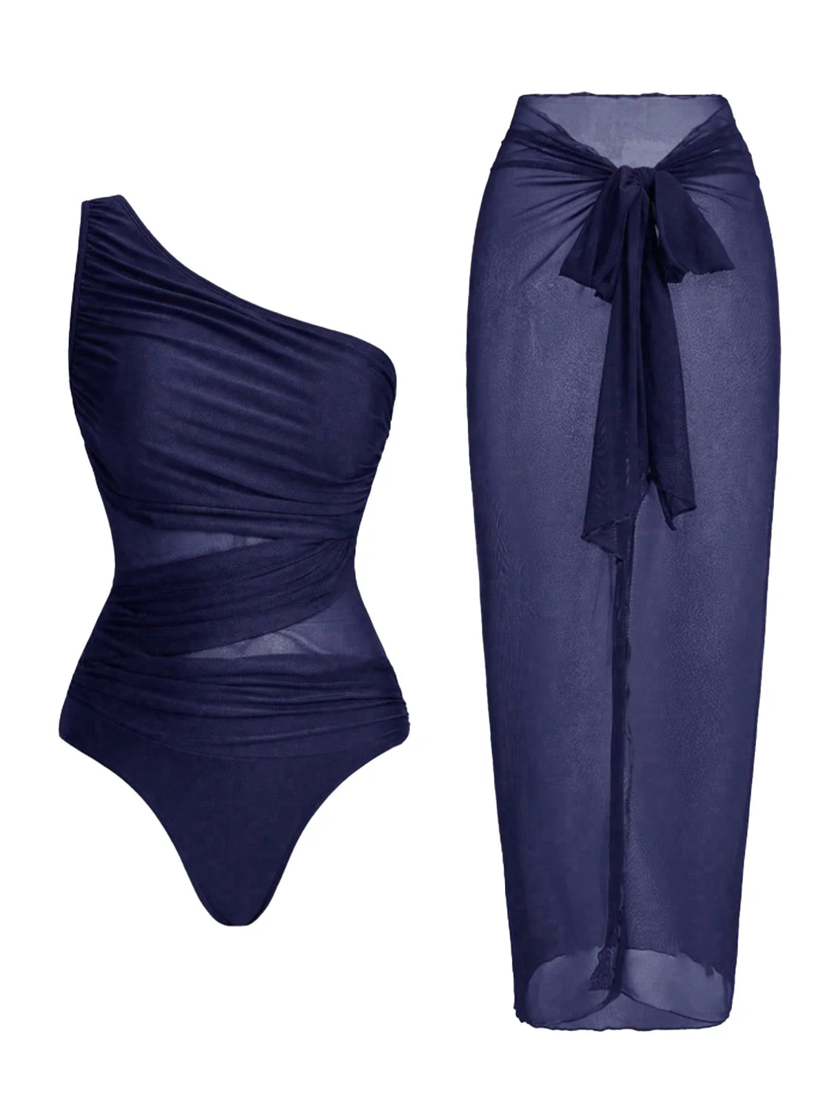 1950s One-Shoulder Ruched Tummy Control One-Piece Swimsuit & Cover-Up - Image 5