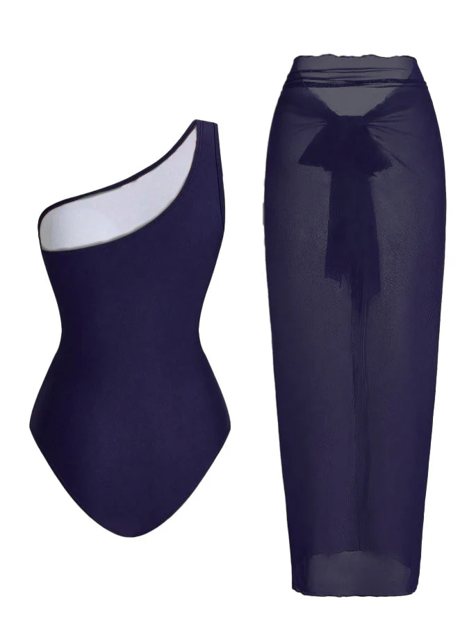 1950s One-Shoulder Ruched Tummy Control One-Piece Swimsuit & Cover-Up - Image 6