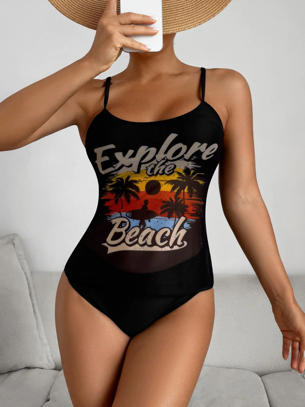 1950s Palm Tree Spaghetti Strap Mesh Tankini Set