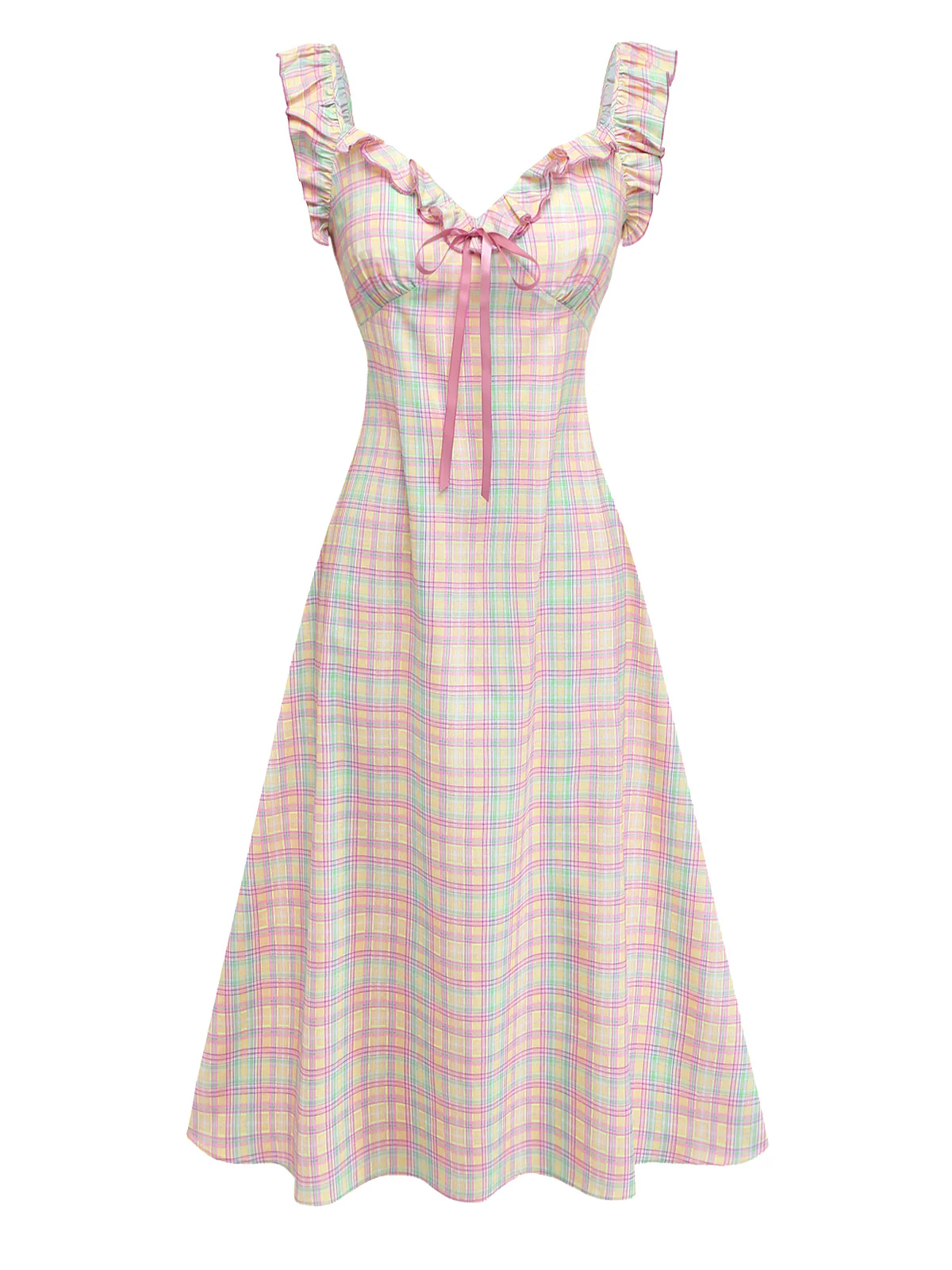 1950s Pastel Plaid Ruffled Bow Sweetheart Neck Swing Dress - Image 2