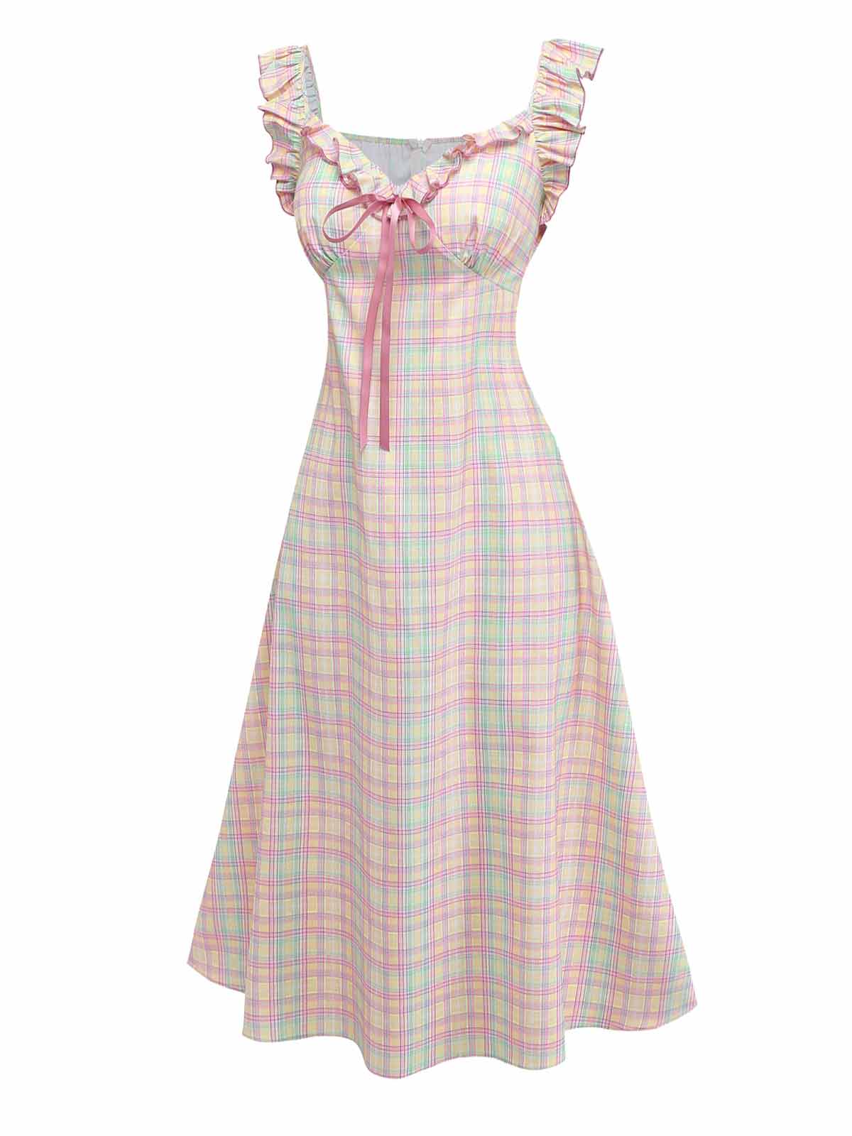 1950s Pastel Plaid Ruffled Bow Sweetheart Neck Swing Dress - Image 3